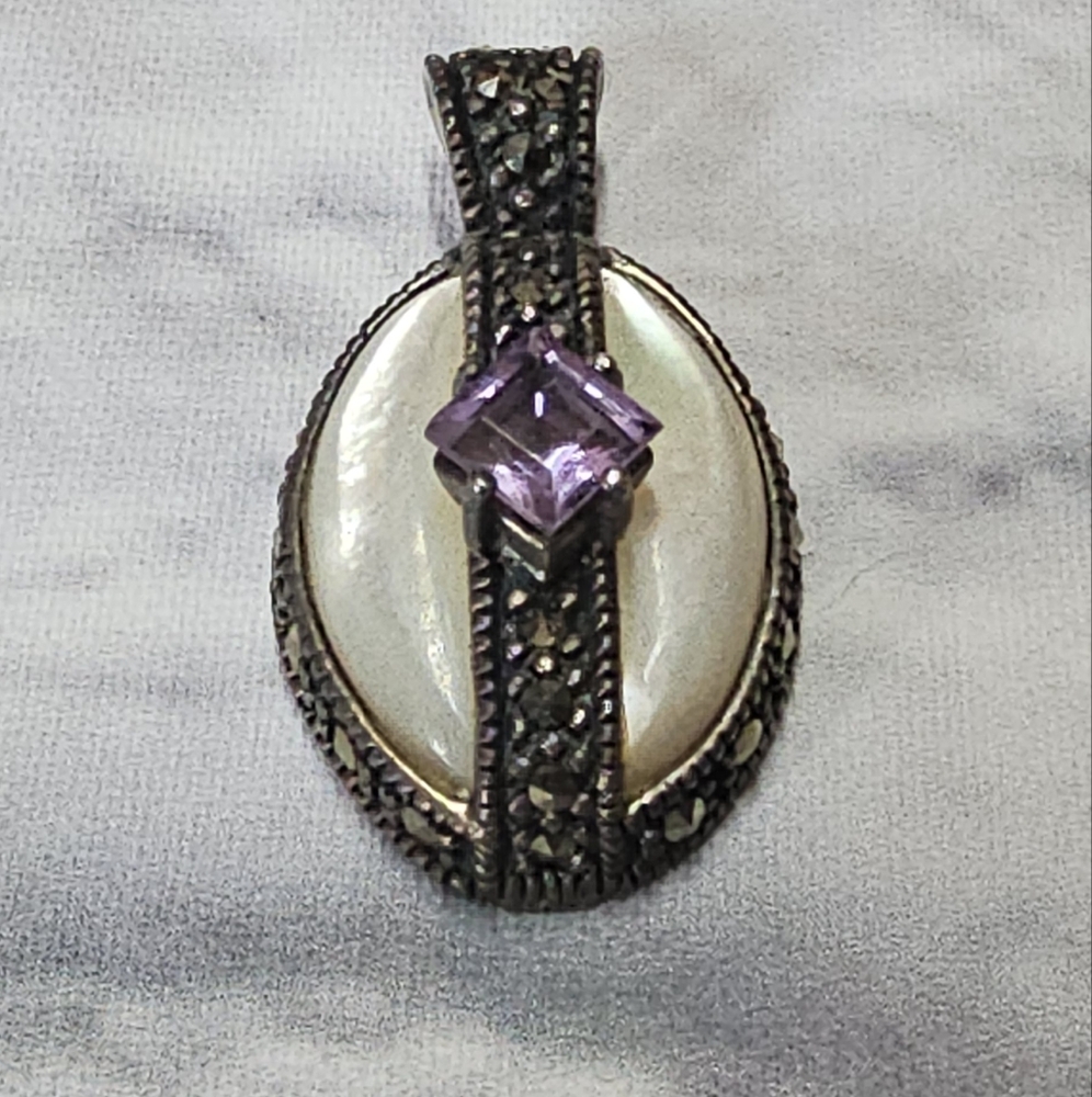 Sterling Silver 925 Marcasite MOP and Amethyst Pendant - Picture 2 of 4
